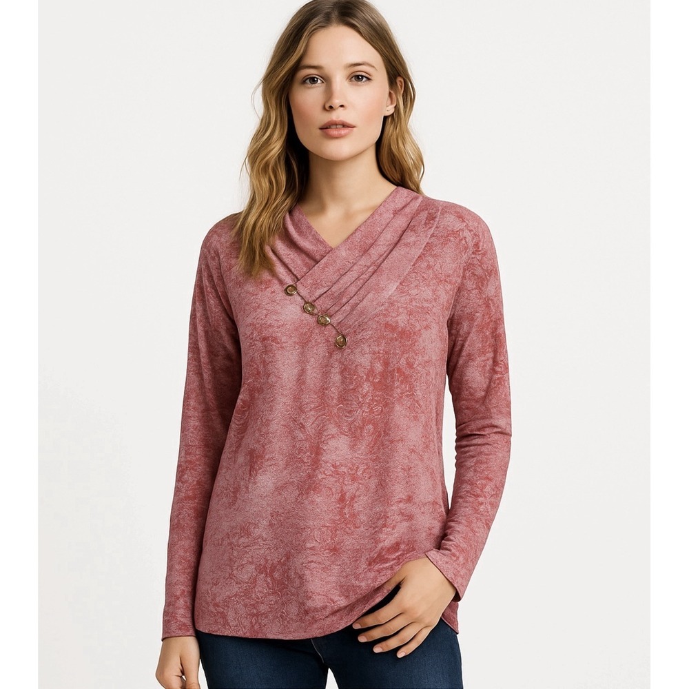 Noracora M Top Pink Boho Floral Button Detail Long Sleeve Tunic Blouse